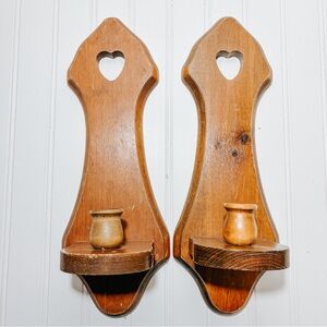 Vintage Wooden Candlestick Wall Sconces with Heart Cutout |Set of 2| Cottagecore